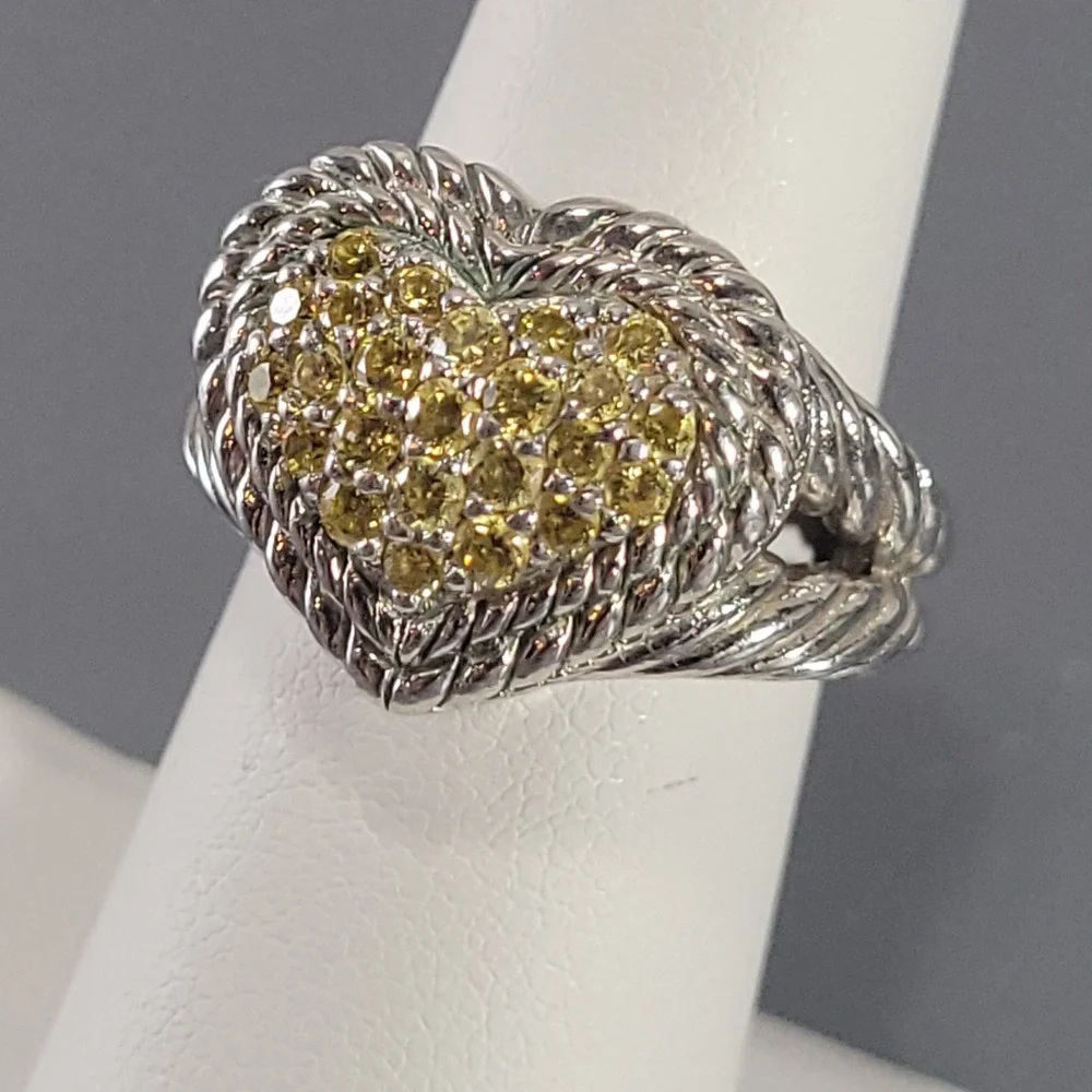 Judith Ripka Sterling Silver Heart Ring Size 6 Peridot Yellow-Green Pave Stones